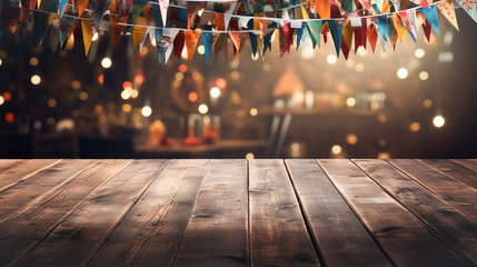 Wooden dark empty table top showcase with festive flags, empty bokeh background