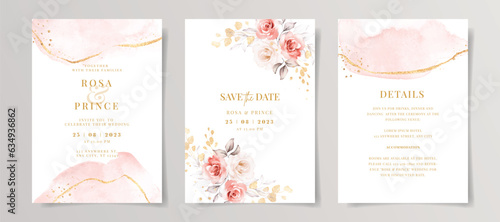 Set of watercolor wedding invitation card template with pink floral and leaves decoration