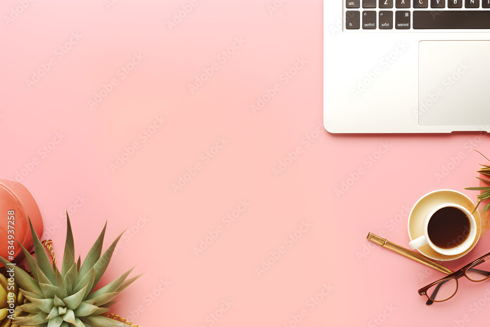 modern header/hero image or banner with laptop computer, smartphone, air plant, open notebook and feminine accessories on a bright blush background, home office scene, flat lay / top view