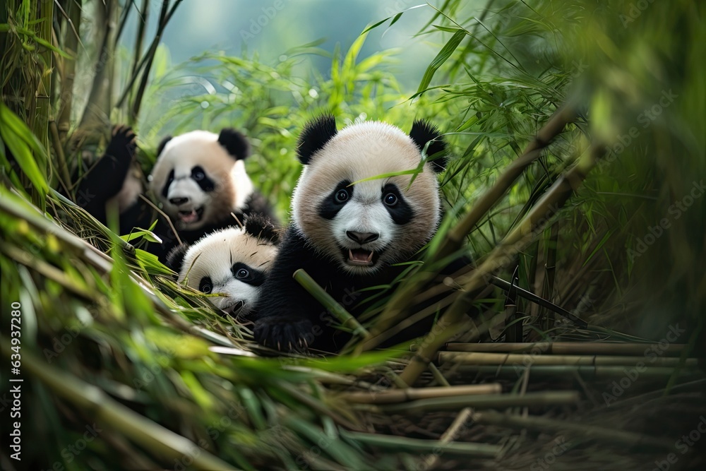 Panda cubs tumble playfully in a bamboo thicket. Panda cubs tumble playfully in a bamboo thicket.