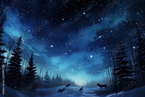 Wolves hunt together under a starlit winter sky.