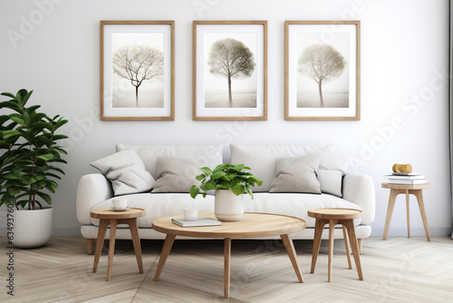 White sofa and round wooden table against white walls and poster frame. Scandinavian style modern living room interior design