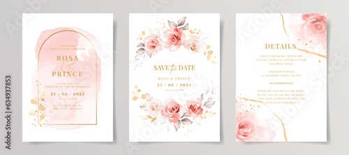Set of watercolor wedding invitation card template with pink floral and leaves decoration
