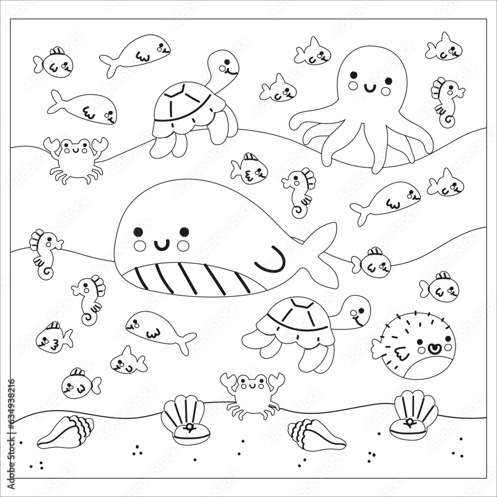 Vetor De Coloring Page With Sea Animals Cute Cartoon Characters Set vetor-de-coloring-page-with-sea-animals-cute-cartoon-characters-set