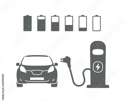 Electric car with plug graphic icon. Car charging station icon in trendy flat style. Electrical charging station symbol. Renewable eco technologies. Vector illustration. Battery charging grades icons