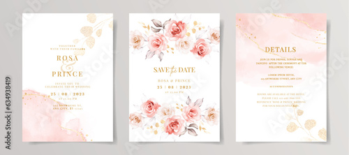 Set of watercolor wedding invitation card template with pink floral and leaves decoration