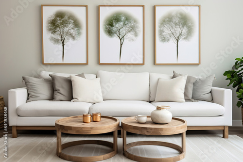 White sofa and round wooden table against white walls and poster frame. Scandinavian style modern living room interior design © Sewupari Studio