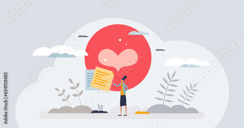 Positive affirmations as love letter from romantic affair tiny person concept. Happy woman with optimistic message and uplifting relationship vector illustration. Optimistic attitude and mindset.