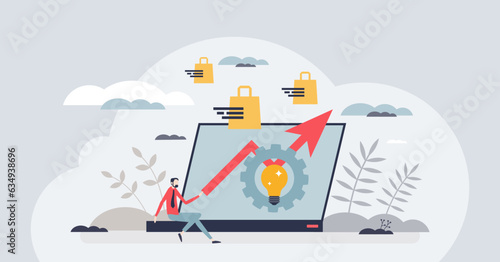 Business productivity and efficient commerce strategy tiny person concept. Webshop company development and successful growth with effective sales profits vector illustration. Improvement evaluation.