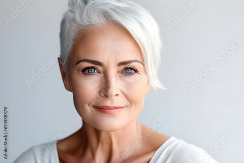 Portrait of happy senior woman with grey hair smiling. Mature old lady close up portrait. Healthy face skin care beauty  isolated on white background