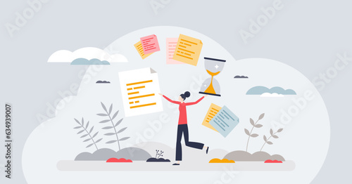 Time management and effective activity organization tiny person concept. Project deadline control and clock schedule for business tasks vector illustration. Productive performance with checklists.
