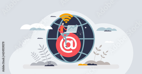 Telecommuting and work from home using phone internet tiny person concept. Distant job with wireless technology provision vector illustration. Global network connection with email messages and calls.