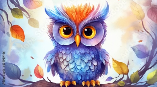 cute colorful owl watercolor illustration for children Generative Ai