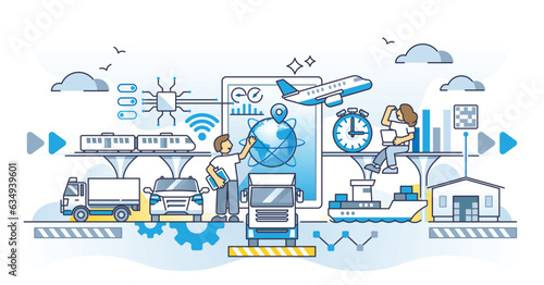 Transportation optimization and effective logistics control outline concept. Logistics service efficiency with smart infrastructure management and precise cargo location tracking vector illustration.