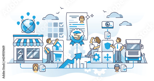 Procurement optimization as effective supply chain management outline concept. Inventory and shipping partner relationship for successful cooperation and partnership agreement vector illustration.