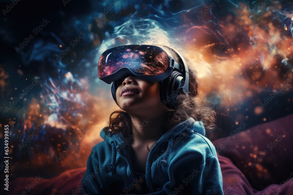 Girl wearing virtual reality headset. VR goggles innovation technology. Generative AI Girl wearing virtual reality headset. VR goggles innovation technology. Generative AI