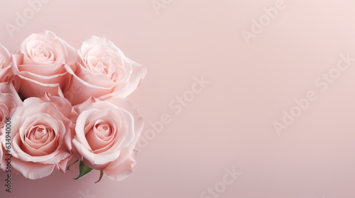 Decorative web banner. Close up of blooming pink roses flowers and petals isolated on white table background. Floral frame composition. Empty space, flat lay, top view. Generative ai © Mickael