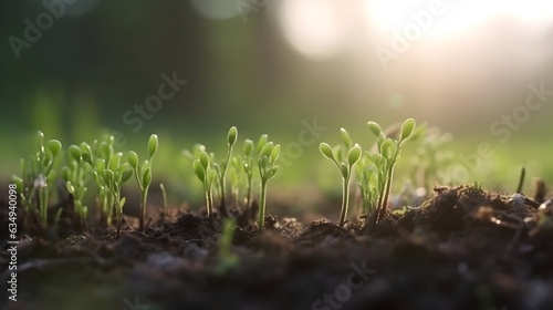 In the morning sunlight  a close-up view reveals green sprouts emerging from the soil.
