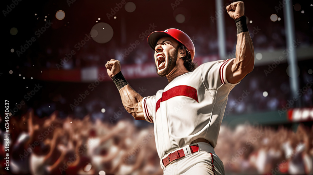 Professional baseball player celebrating victory. Generative Ai - obrazy, fototapety, plakaty 