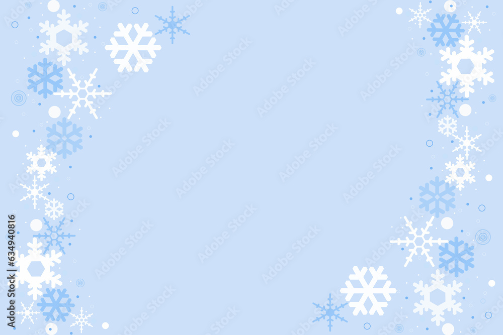 Illustration of white and blue snowflakes light blue background. Christmas abstract frame with copy space.