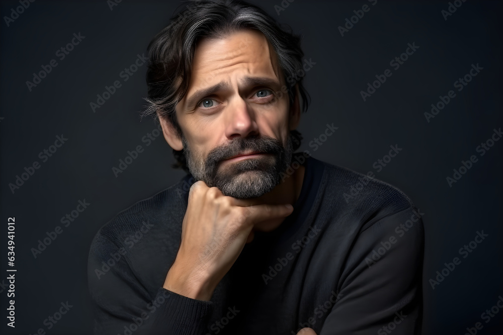 Fototapeta premium Portrait of middle aged good looking man posing on black background. Happy confident mature model man pose in front of a dark background
