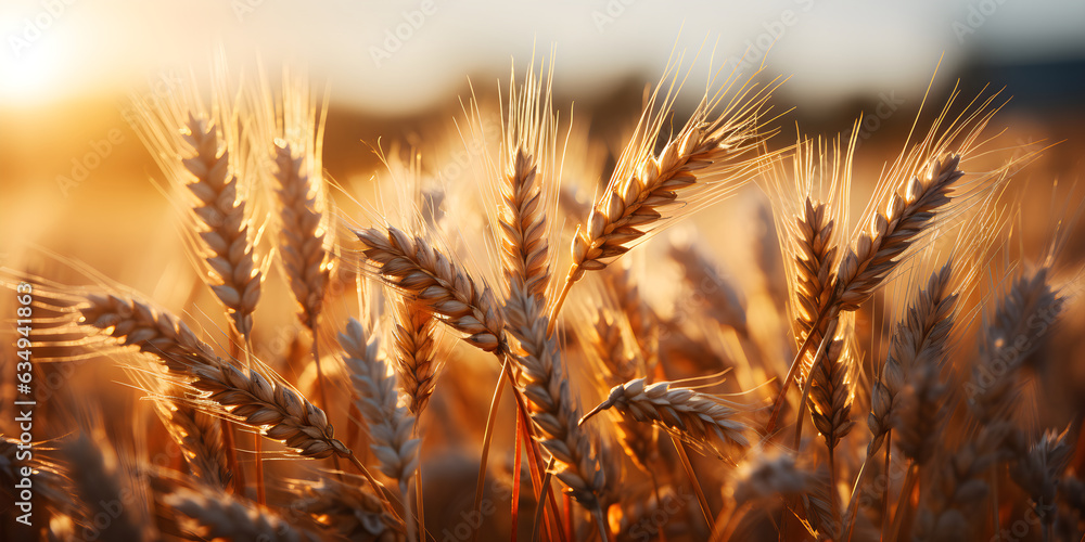 Close up wheat field. ears of golden wheat on blurry sunset. Background of ripening ears of wheat field. Rich harvest Concept Close up wheat field. ears of golden wheat on blurry sunset. Background of ripening ears of wheat field. Rich harvest Concept