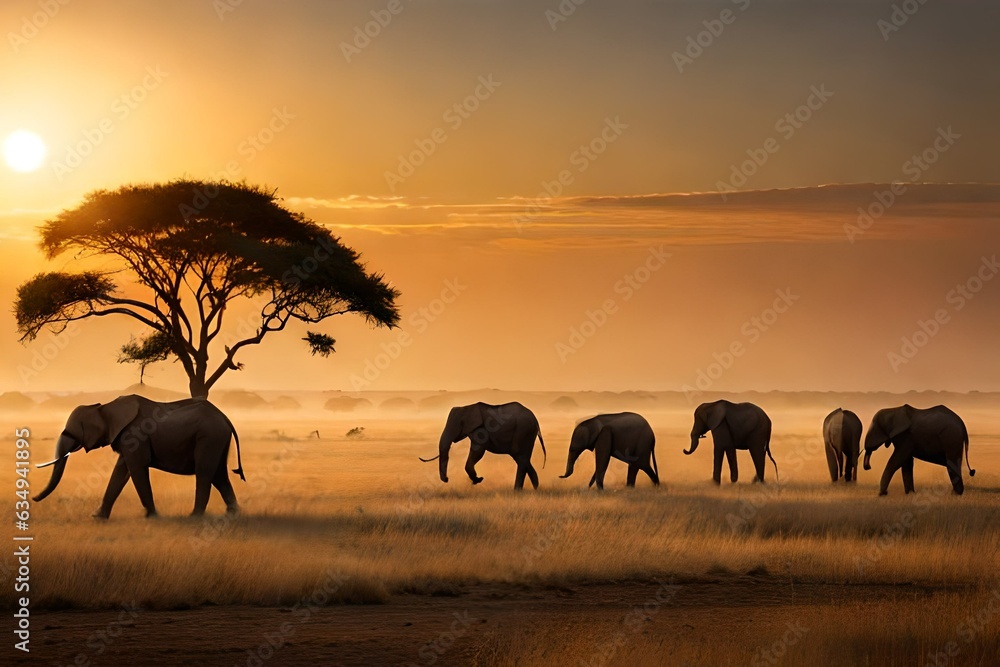 Obraz premium elephants at sunset