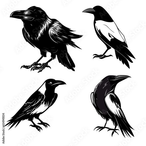 Set of black raven bird in different poses cartoon crow design flat vector animal illustration isolated on white background