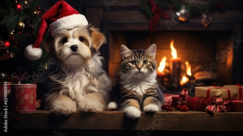  cat and dog wearing adorable Santa Claus outfits while sitting side by side next to a festively adorned fireplace