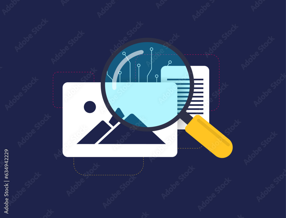 AI Content Detector concept. Detect Artificial Intelligent Content - generated images or ai writing detector tool text. Vector isolated illustration on black background with icons AI Content Detector concept. Detect Artificial Intelligent Content - generated images or ai writing detector tool text. Vector isolated illustration on black background with icons