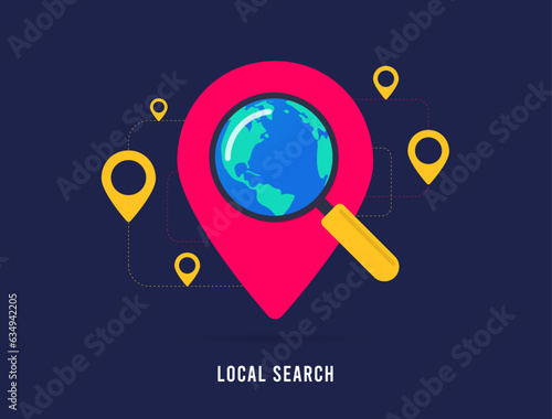 Local search optimization concept. Map with Red Pins and Magnifier Searching Nearby Small Businesses. SEO for Local Searches. Vector isolated illustration on black background with icons
