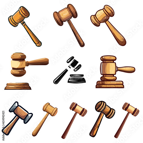 Wooden brown judge gavel, decision glossy mallet for court verdict. isolated on white background. Auction hammer with gold on the stand. Law and justice system symbol.