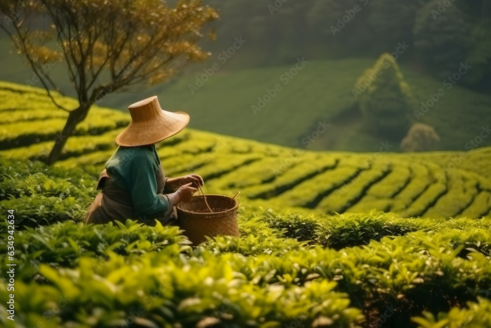 Female worker picking tea leaves on green plantation. Woman work on Tea farm harvest - obrazy, fototapety, plakaty 
