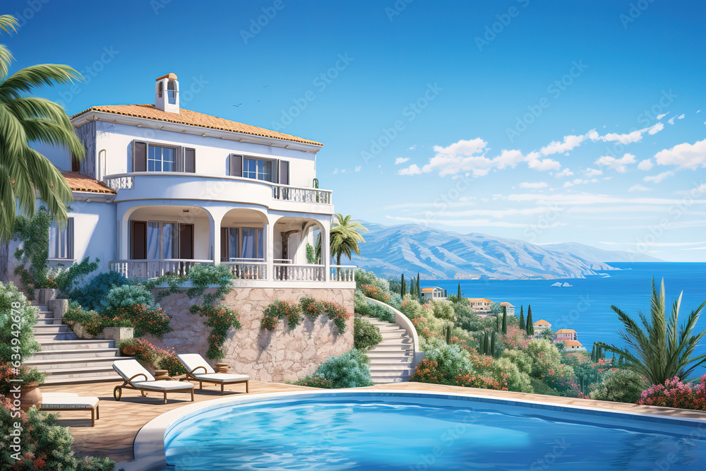 Traditional Mediterranean white house with a pond on a hill with a view of the sea and blue sky