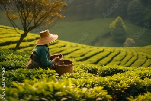 Female worker picking tea leaves on green plantation. Woman work on Tea farm harvest