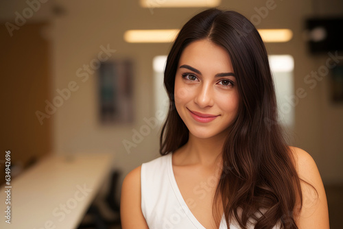 Beautiful smiling woman looking at camera with standing in creative office background.