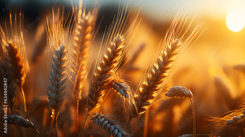 Close up wheat field. ears of golden wheat on blurry sunset. Background of ripening ears of wheat field. Rich harvest Concept Close up wheat field. ears of golden wheat on blurry sunset. Background of ripening ears of wheat field. Rich harvest Concept