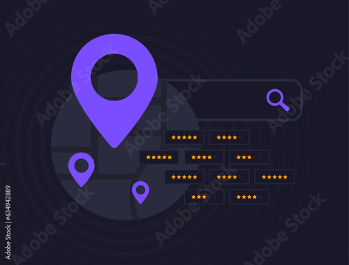 Local SEO - search marketing small business strategy based on target local customers. Map with local business listing, pins and consumer feedback. Vector illustration on black background with icons