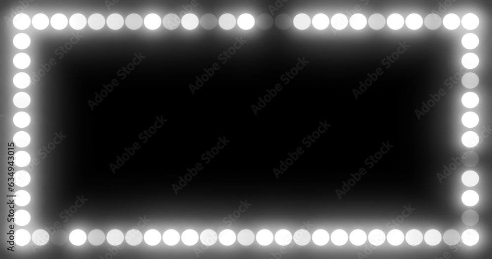 Abstract beauty frame of glowing white lights and light bulbs glowing bright magical energy on a black background