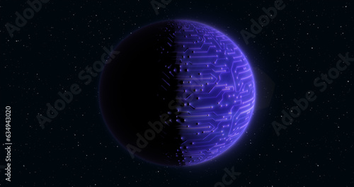 Abstract realistic planet purple hi-tech luminous round sphere in space against the background of stars