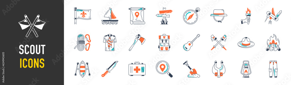 set of scout icons. Solid icons such as tent, shore, beanie, life vest, map, camping and more
 - obrazy, fototapety, plakaty 