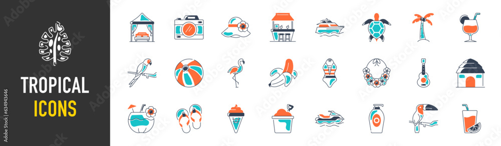 Set of tropical vacation Icons. Seasonal elements collection. Flamingos, ice cream, pineapple, tropic leaves, cocktails, plumeria, watermelon, beach. Set of tropical vacation Icons. Seasonal elements collection. Flamingos, ice cream, pineapple, tropic leaves, cocktails, plumeria, watermelon, beach.