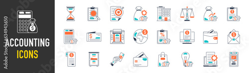 Accounting icon set. Containing financial statement, accountant, financial audit, invoice, tax calculator, business firm, tax return, income and balance sheet icons. Solid icon collection