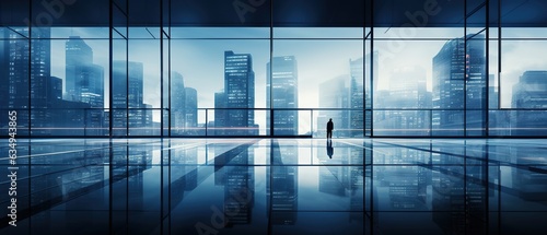 Empty High-rise modern business office skyscrapers with large bright windows. in commercial district with blue sky generated by AI