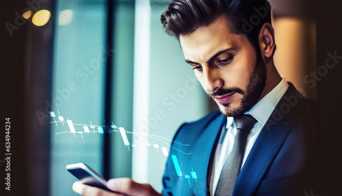 Young businessman looking at the stock graph from hologram on mobile phone