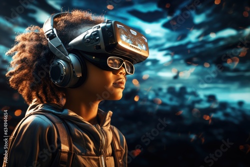 Girl wearing virtual reality headset. VR goggles innovation technology. Generative AI © itchaznong
