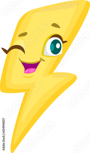 Cartoon cute lightning character, playful and energetic thunderstroke bolt with smiling happy face and wink eye. Isolated vector children book, game, weather forecast app personage. Symbol of energy photo