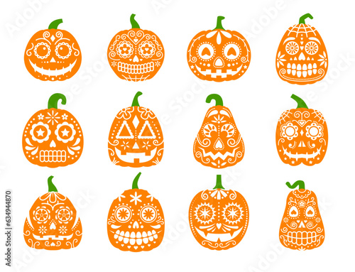 Halloween party mexican pumpkin characters with ornament. Dia de los muertos holiday calaca gourd faces with eyes and toothy smiles. Isolated vector set of decorated jack-o-lantern personages