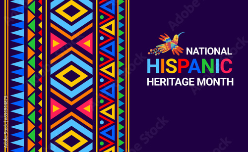 National hispanic heritage month decorative banner with ornament patterns and bird in traditional alebrije style. Vector background with bold colors, showcasing rich culture of hispanic communities