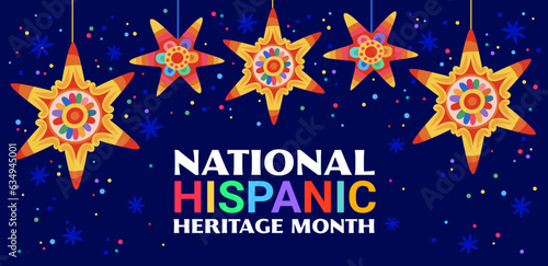National hispanic heritage month festival banner with star pinatas. Vector vibrant cultural background display, showcasing rich traditions and contributions of hispanic communities throughout history